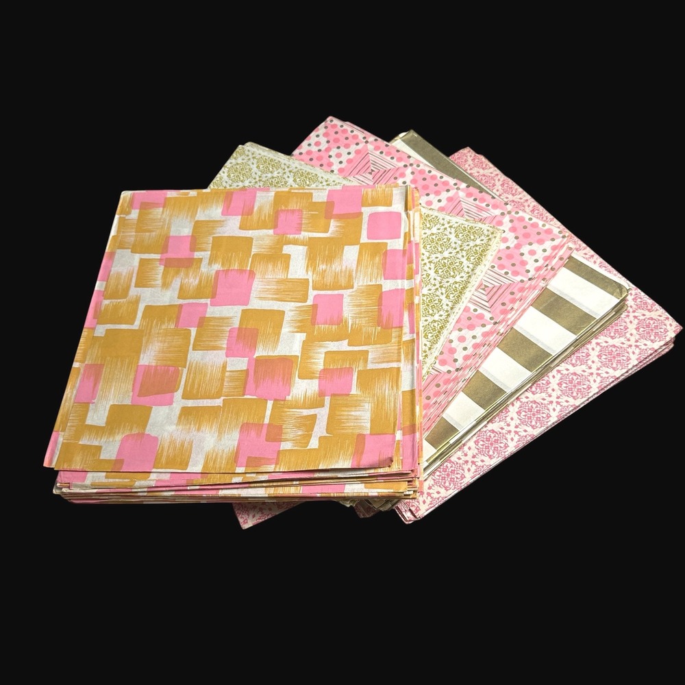 Vintage Tissue Paper Bundle Pink Gold Metallic Damask Stripe Polka Dot 20pcs